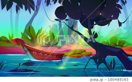 Jungle forest landscape with river and boat 100489165