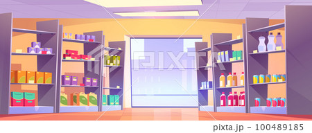 Cartoon supermarket aisle with large window 100489185