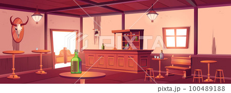 Western saloon interior, vector west cowboy bar 100489188