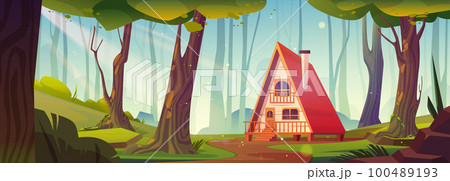 Forest hut, woodland house cartoon background 100489193