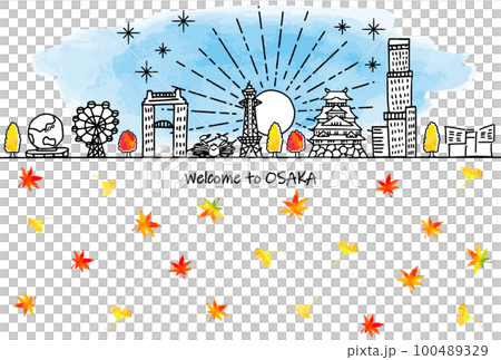 Hand drawn osaka autumn tourist destination city skyline and autumn leaves 100489329