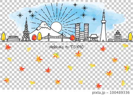 手繪東京秋季旅遊目的地城市景觀天際線和秋葉 100489336