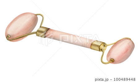 Watercolor pink quartz face massage roller. Hand drawn wellness and beauty element isolated on white background Watercolor pink quartz face massage roller. Hand drawn wellness and beauty element isolated on white background 100489448