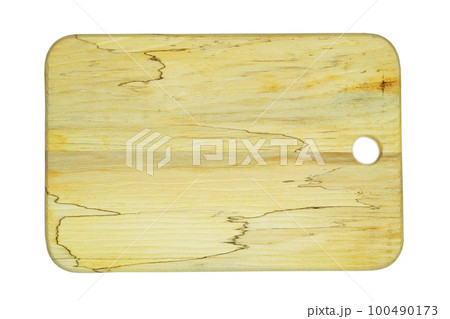 Brown woodcutting board and drill hole for hanging isolated on white background. Wooden cutting board. 100490173