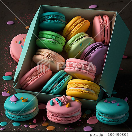 Cakes macaron or macaroon in blue box on rustic table, colorful bright cookies. Cakes macaron or macaroon in blue box on rustic table, colorful bright cookies. 100490302