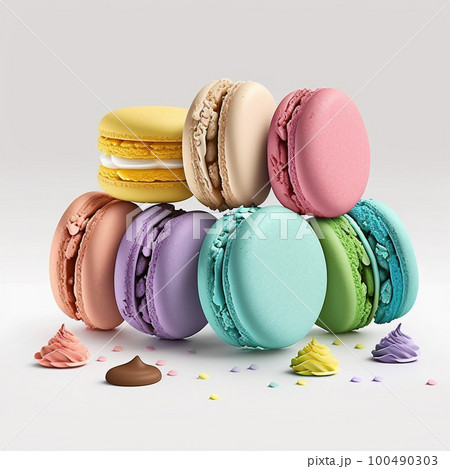 Cakes macaron or macaroon stack on light background, colorful vibrant almond cookies, bright colors. 100490303