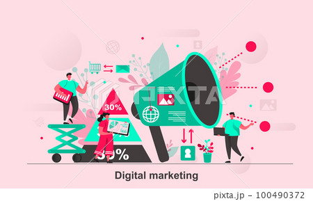Digital marketing web concept design in flat style. Social media marketing specialist scene visualization. Advertising and promotion. Vector illustration with tiny people characters in life situation. 100490372