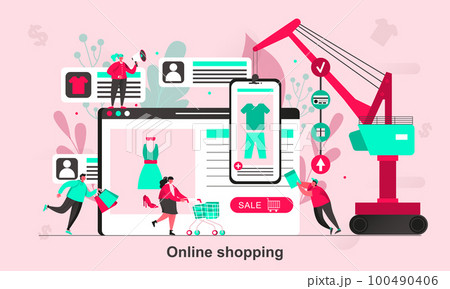 Online shopping web concept design in flat style. Customers with shopping bags scene visualization. Online clothes store advertising. Vector illustration with tiny people characters in life situation. Online shopping web concept design in flat style. Customers with shopping bags scene visualization. Online clothes store advertising. Vector illustration with tiny people characters in life situation. 100490406