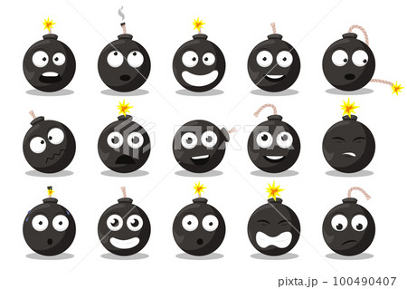 Cartoon bomb emotions set. Doodle explosive round weapon mascot with funny cartoon faces and expressions. 100490407