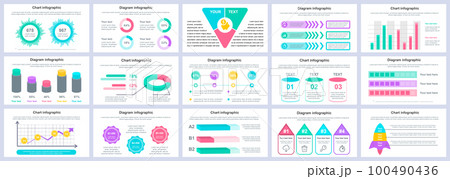 Bundle business and finance infographics presentation slides template. Different charts, diagrams, workflow, flowchart, timeline, schemes design template. Vector info graphic 100490436