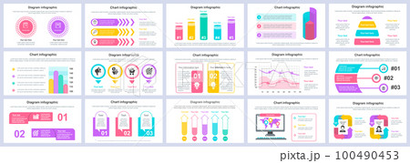 Bundle business and finance infographics presentation slides template. Different charts, diagrams, workflow, flowchart, timeline, schemes design template. Vector info graphic 100490453
