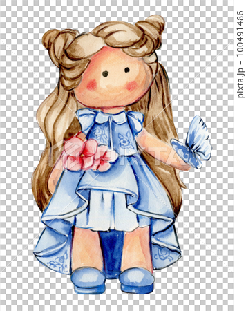 Watercolor hand drawn cute doll Tilda indress. Hand drawn watercolor illustration isolated on white.Designf for baby shower party, birthday,cake, holiday celebration design. greetings card,invitation. 100491486