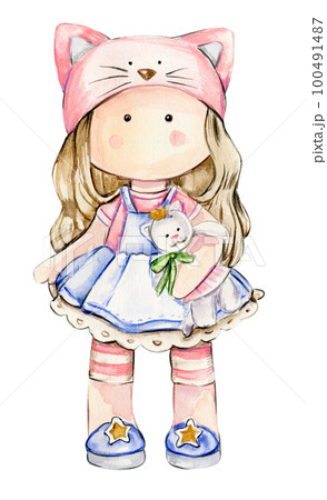 Watercolor hand drawn cute doll Tilda indress. Hand drawn watercolor illustration isolated on white.Designf for baby shower party, birthday,cake, holiday celebration design. greetings card,invitation. 100491487