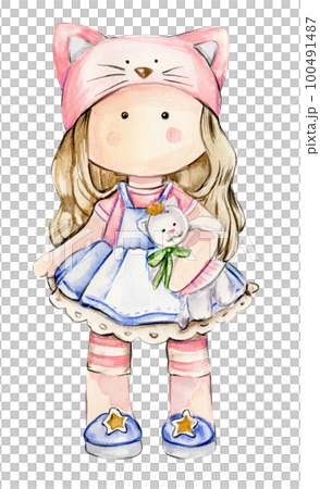 Watercolor hand drawn cute doll Tilda indress. Hand drawn watercolor illustration isolated on white.Designf for baby shower party, birthday,cake, holiday celebration design. greetings card,invitation. 100491487