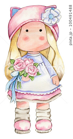 Watercolor hand drawn cute doll Tilda indress. Hand drawn watercolor illustration isolated on white.Designf for baby shower party, birthday,cake, holiday celebration design. greetings card,invitation. 100491488