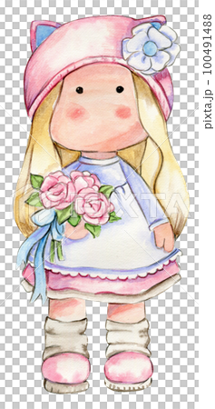 Watercolor hand drawn cute doll Tilda indress. Hand drawn watercolor illustration isolated on white.Designf for baby shower party, birthday,cake, holiday celebration design. greetings card,invitation. 100491488