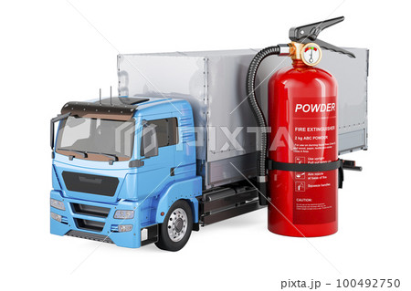 Fire extinguisher with truck. 3D rendering 100492750