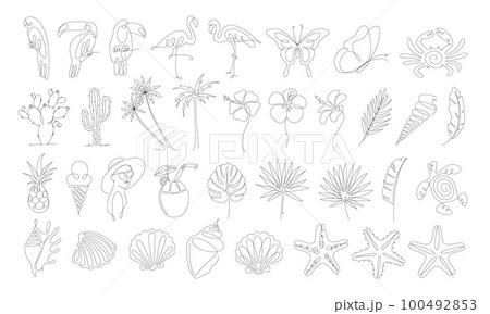 Continuous Line Drawing Vector Set of Summer Elements. Single line art. One Line Illustration 100492853