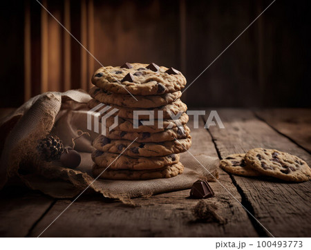 a stack of homemade cookies on a wooden table, rustic style.  100493773
