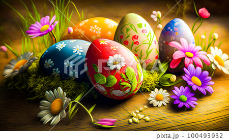 Colorful easter eggs and flowers on wooden table. Generative AI 100493932