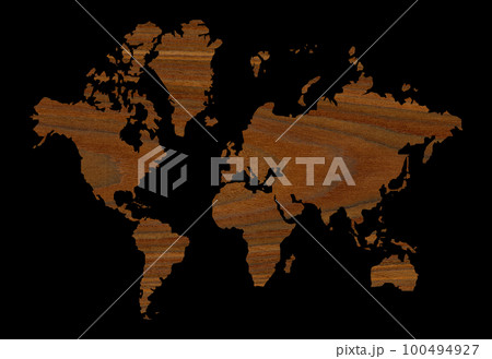 Detailed decorative world map cut from wood texture rosewood, isolated on black background Detailed decorative world map cut from wood texture rosewood, isolated on black background 100494927