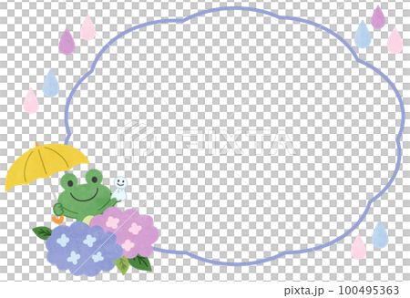 Rainy season/hydrangea illustration balloon frame material of a frog holding an umbrella 100495363