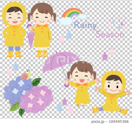 穿著雨衣的孩子的雨季/繡球花插圖素材集 100495366