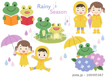 梅雨・紫陽花　レインコートを着た子供とカエルのイラスト素材セット 100495367