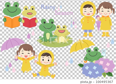 Rainy season/hydrangea Illustration material set of a child wearing a raincoat and a frog Rainy season/hydrangea Illustration material set of a child wearing a raincoat and a frog 100495367