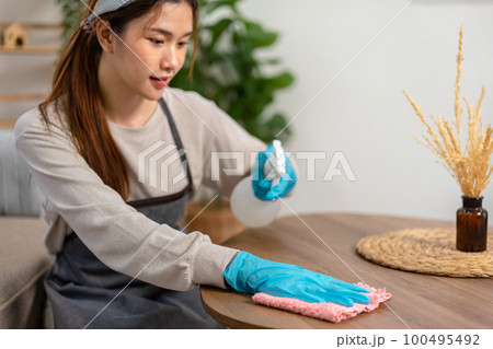 Housekeeper is wear protective gloves and using microfiber cloth with spray cleanser for cleanups Housekeeper is wear protective gloves and using microfiber cloth with spray cleanser for cleanups 100495492