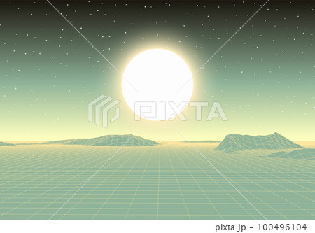 Retro futuristic landscape with mountains and sun in deep space. 80s styled synthwve landscape with sunrise over alien planet. 100496104