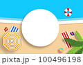 Summer concept with a gold sandy beach and sea. Handmade composition with a white blank space for logo. 100496198