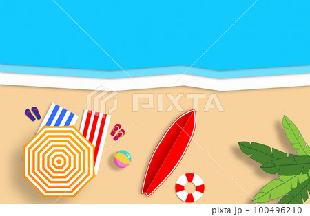 Summer concept. Gold sandy beach, sea and relax places. Handmade, paper composition. Summer concept. Gold sandy beach, sea and relax places. Handmade, paper composition. 100496210