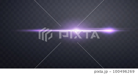 Purple horizontal lens flare. Sun flash with rays or gold spotlight and bokeh. Purple glow flare light effect. Vector illustration 100496269
