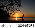 Man playing somersaults on the beach at sunset, red sky 100496361
