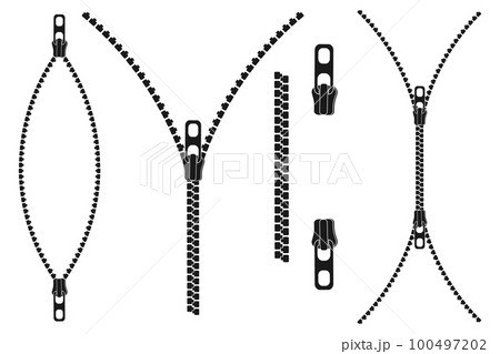 Black silhouette zipper. Vector illustration of an open sewing lock. Set of fasteners for clothes in different positions 100497202
