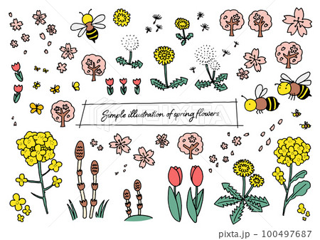 手描きのペンを使った春の花のカラーイラストセット 100497687