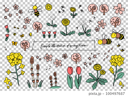 手描きのペンを使った春の花のカラーイラストセット 100497687