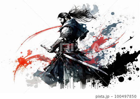 刀を振る墨絵の侍 100497850