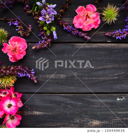 Flowers in a semicircle on a wooden background. Postcard for the holiday. Roses, lavender, sage and hairy chestnuts along the edges on dark boards. Background copy space, flat lay. Festive poster. 100499636