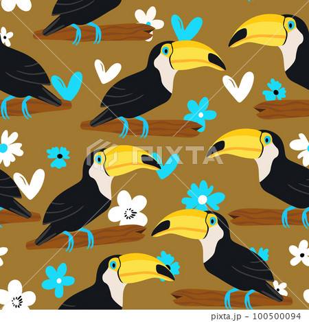 Seamless pattern with cute cartoon toucan bird on branch. Vector illustration for wallpaper, fabric, textile. Summer exotic print. Tropical toucan with floral monstera leaves 100500094