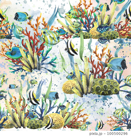 Coral reefs with algae, waves of water, fish, sea sponges, bubbles. Watercolor illustration. Seamless pattern on a blue background from the collection of TROPICAL FISH. For fabric wallpaper textiles Coral reefs with algae, waves of water, fish, sea sponges, bubbles. Watercolor illustration. Seamless pattern on a blue background from the collection of TROPICAL FISH. For fabric wallpaper textiles 100500296