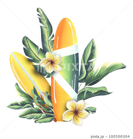 Yellow and orange striped surfboards with tropical leaves, plumeria flowers on a white background. Watercolor illustration. Composition from the collection SURFING Yellow and orange striped surfboards with tropical leaves, plumeria flowers on a white background. Watercolor illustration. Composition from the collection SURFING 100500304