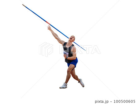 male athlete javelin throwing in decathlon athletics competition on white background, sports photo male athlete javelin throwing in decathlon athletics competition on white background, sports photo 100500605