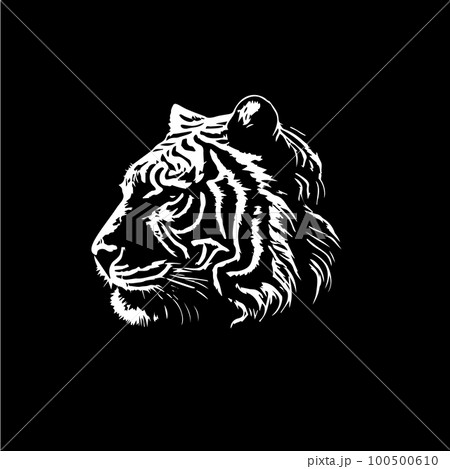 Tiger head dotwork tattoo with dots shading, depth illusion, tippling tattoo. Hand drawing wild animal emblem on black background for body art, minimalistic sketch monochrome logo. Vector illustration 100500610