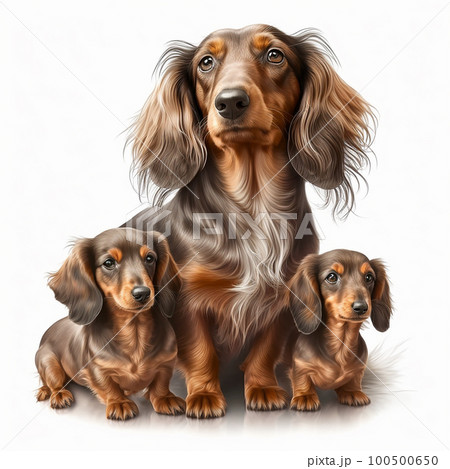 Cute nice dog breed long-haired dachshund with small sweet puppies isolated on white close-up, beautiful pet, fluffy dog 100500650