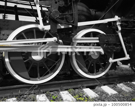 Retro train two wheels. Sleepers and rails, mechanisms, pistons and guides. Locomotive of the 19th early 20th century with a steam engine. Black and white wheels with green grass. Vintage style 100500854
