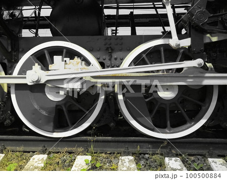 Retro train two wheels. Sleepers and rails, mechanisms, pistons and guides. Locomotive of the 19th early 20th century with a steam engine. Black and white wheels with green grass. Vintage style Retro train two wheels. Sleepers and rails, mechanisms, pistons and guides. Locomotive of the 19th early 20th century with a steam engine. Black and white wheels with green grass. Vintage style 100500884