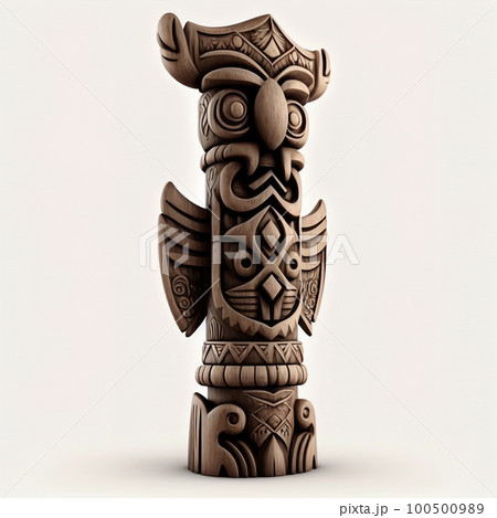 Ancient totem shamanic wooden pole with carved symbols and patterns isolated on white close-up 100500989