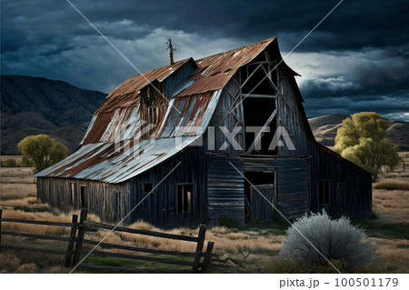 An old barn sits in the middle of field. Generative AI 100501179